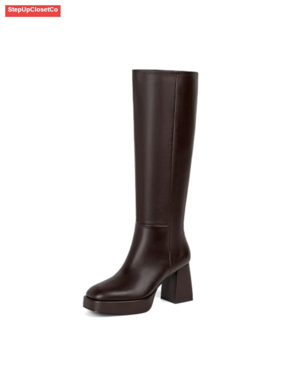 Knee High Platform Chunky Heel Square Toe Faux Leather Boots Zip